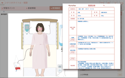 妊産婦の設定と看護記録シートの画像